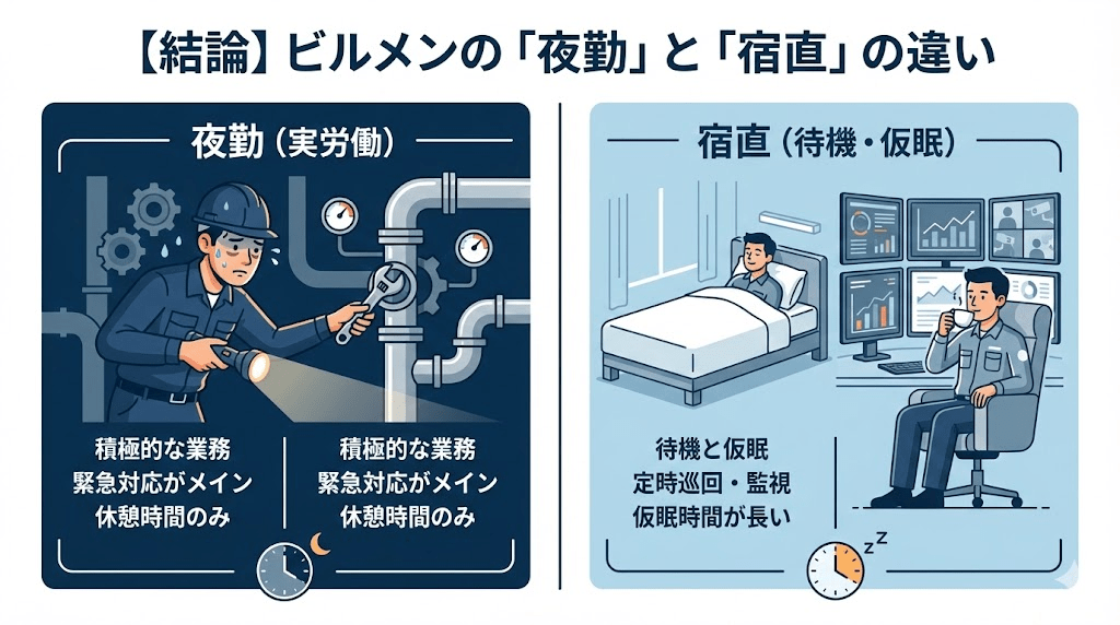 【結論】ビルメンの「夜勤」と「宿直」はここが違う！